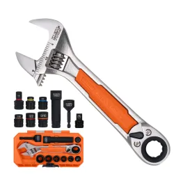 KNECT 6-Inch Adjustable Wrench with Pass-Through Ratchet Set, 10-Piece